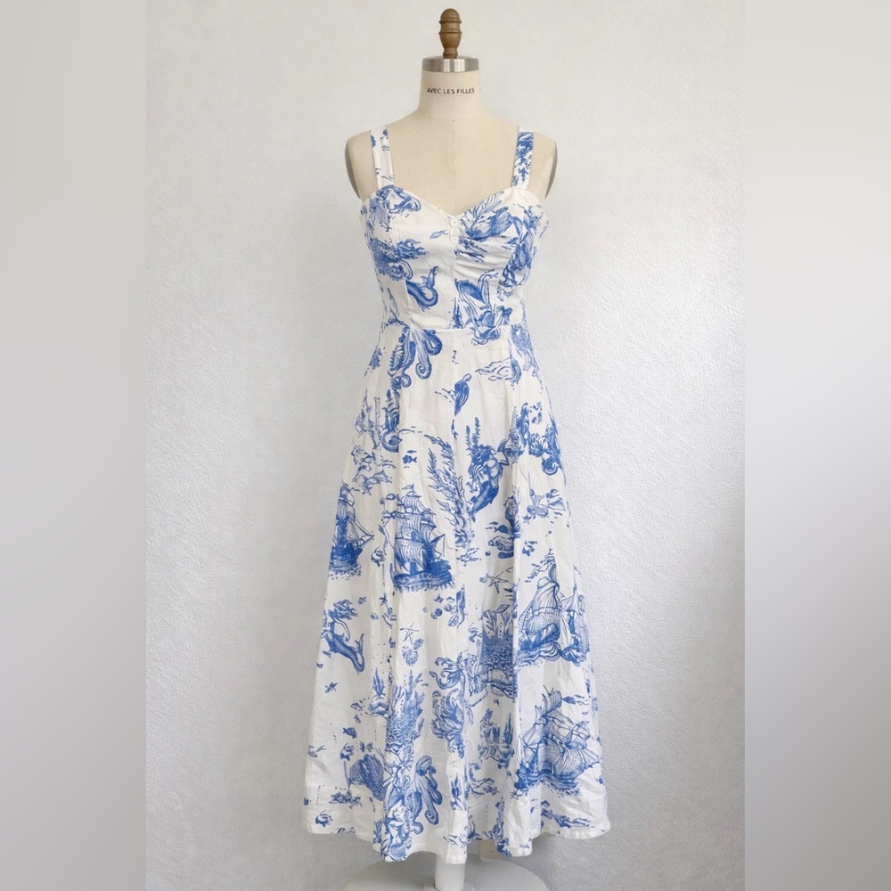 Avec Les Filles White and Blue Toile Maxi Dress